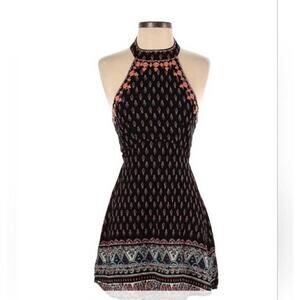 LF Millau Choker Tribal Boho Embroidered Halter Mini Dress Black Orange Medium